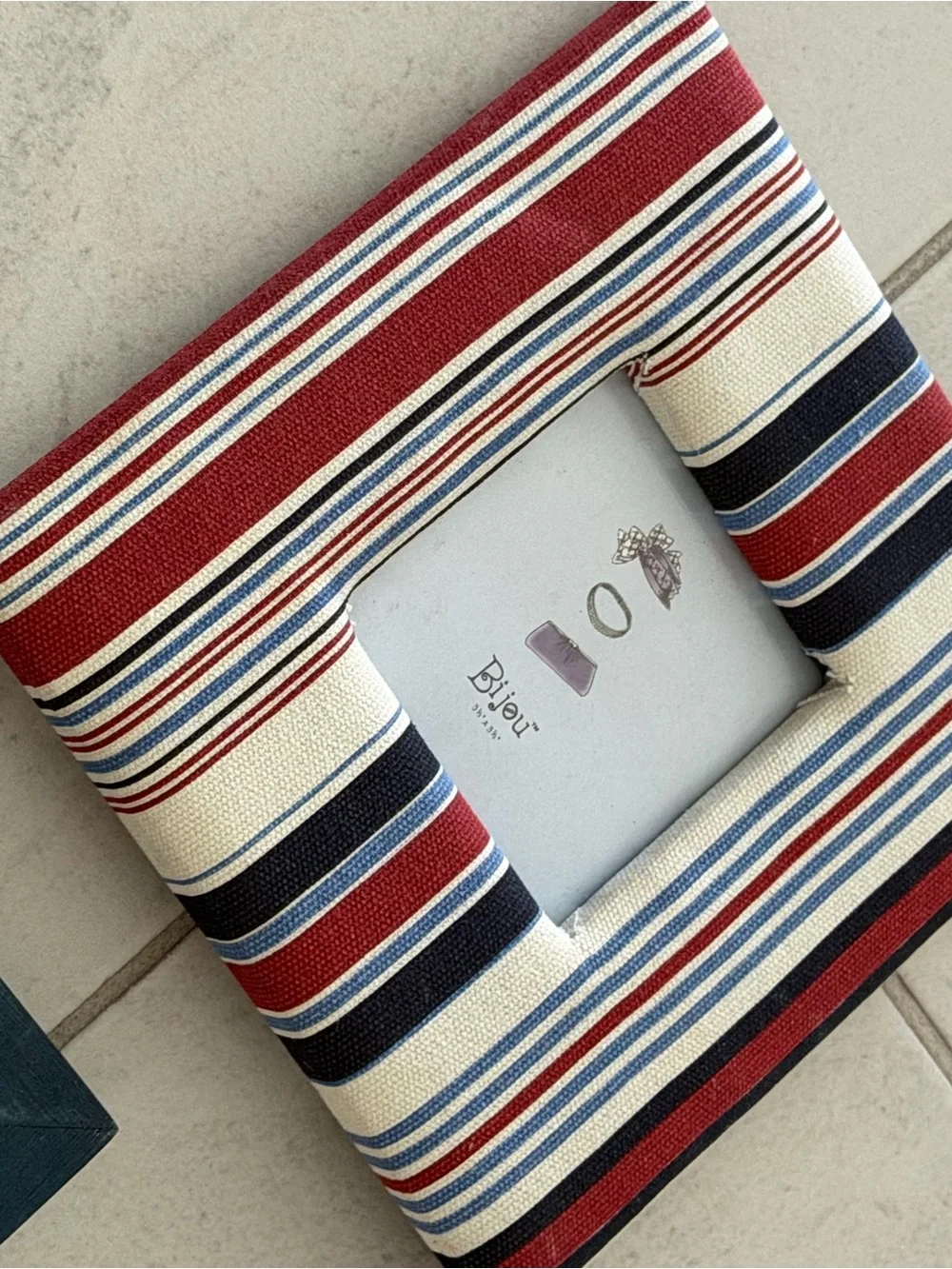 Vintage Framed Wall Art & Striped Fabric Photo Frame Set Coastal Cottage Decor